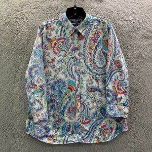 CHAPS No Iron Shirt Womens XL Button Up Blouse Top Paisley Blue White